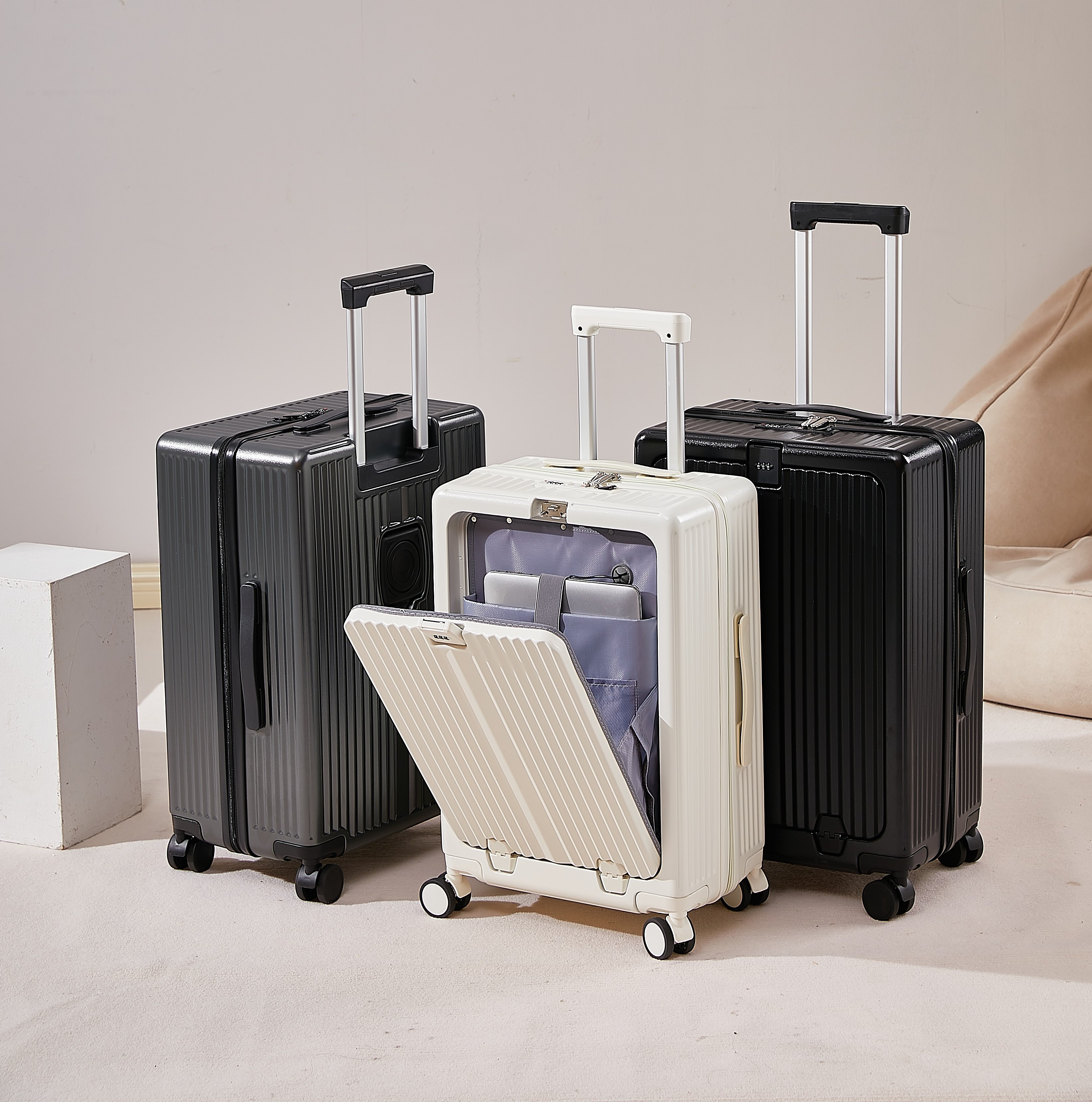 PC Suitcase 20-inch carry on boarding with portable front open pocket lap top bag component